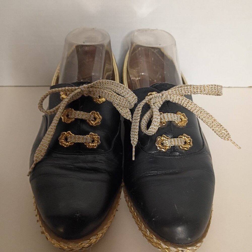 Y2K BALLY "Jallut" Italian Oxford Flats Black Leather Gold Trim Sz 9M - Picture 4 of 15